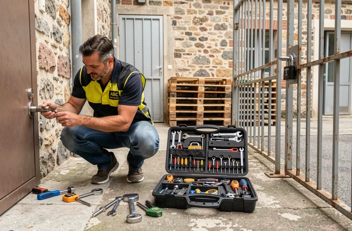 Serrurier ABC Serrurerie Nice travaillant simultanément sur un cylindre de porte et un cadenas dans une cour d'immeuble