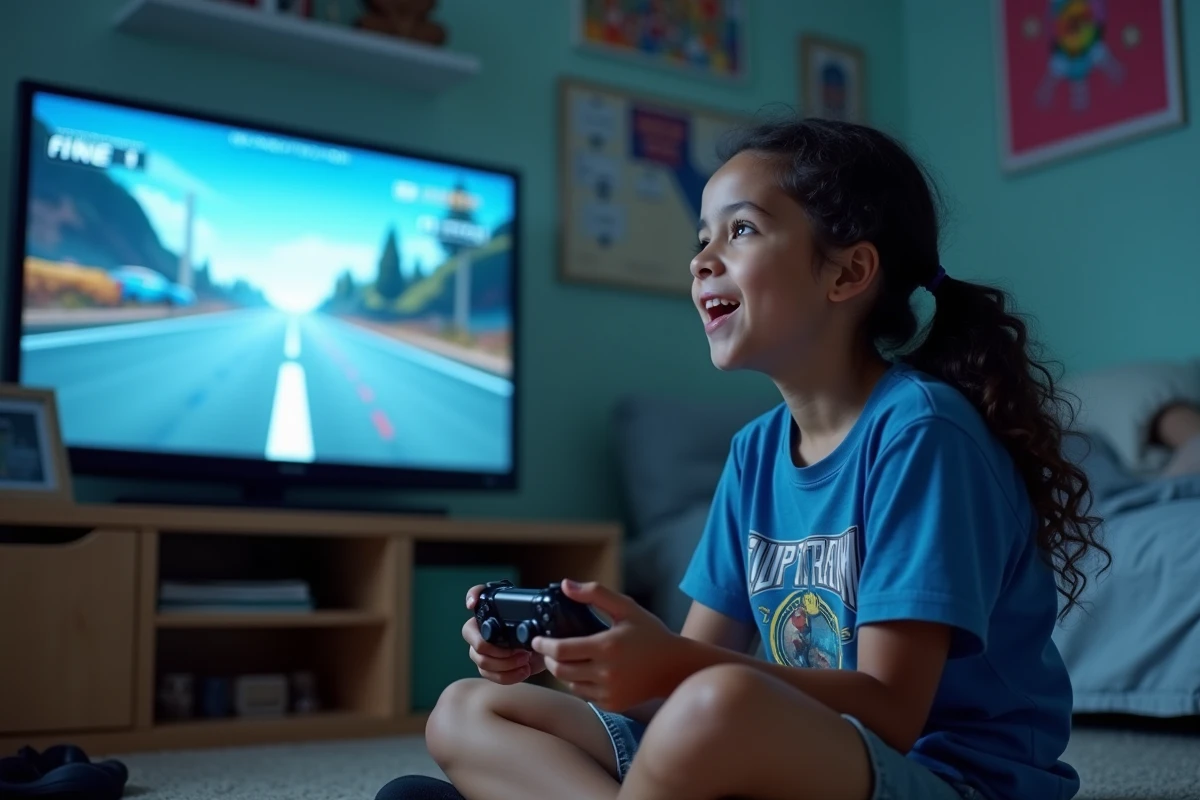 Adolescente jouant à un jeu vidéo avec une manette, regardant intensément l'écran qui affiche un objectif de niveau à atteindre