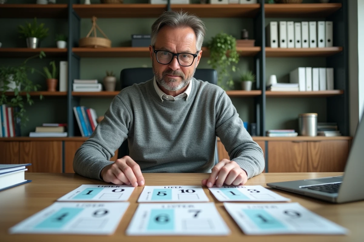 Adulte organisant des fiches imprimées de tableau de conversion en litres adaptées à la dyscalculie sur un bureau à domicile