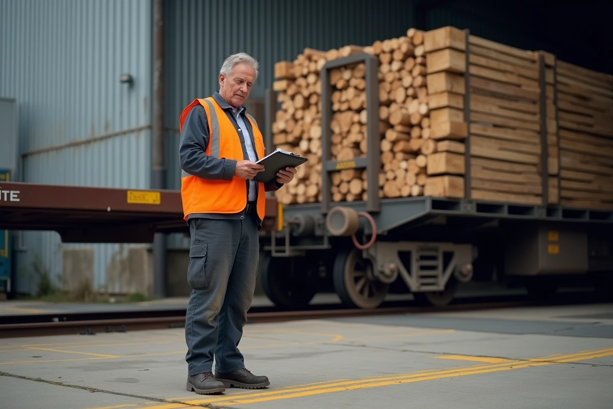 Agent ferroviaire inspectant un wagon de fret chargé de bois dans un terminal de marchandises français