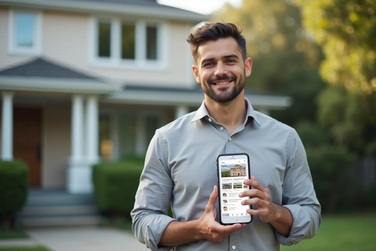 Agent immobilier analysant les données d'un site immobilier sur smartphone devant une maison résidentielle
