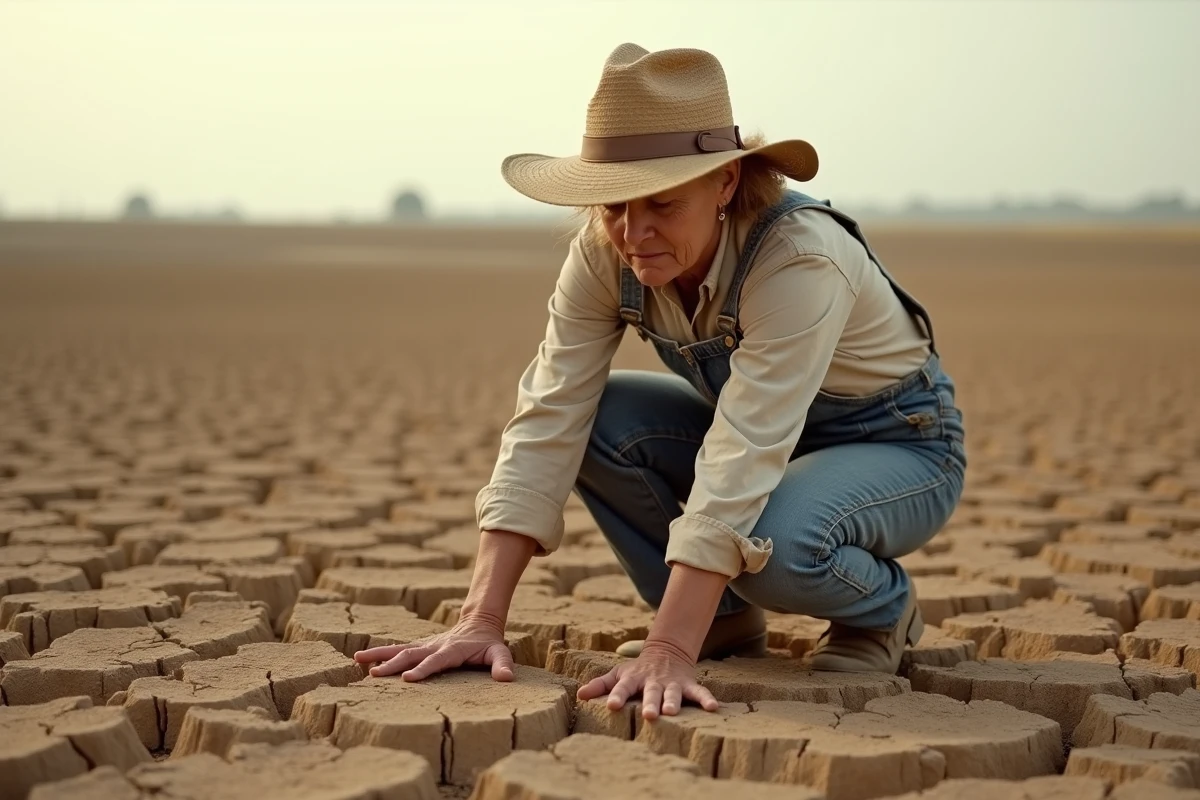 Agricultrice agenouillée sur une terre craquelée et asséchée par la sécheresse liée au réchauffement climatique