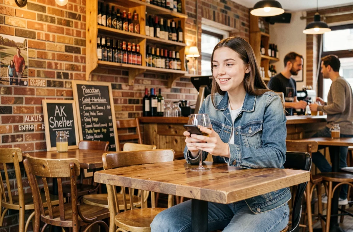 Jeune femme détendue avec un verre de vin naturel au bistrot-bar AK Shelter à Saint-Herblain, dans un intérieur chaleureux en brique et bois