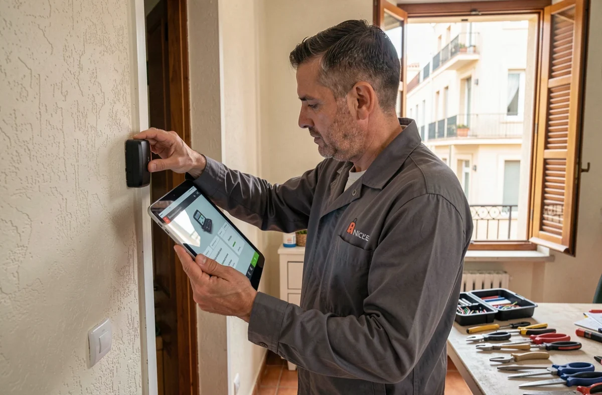 Technicien Alarmes et Fermetures 06 installant un capteur d'alarme sans fil sur la porte d'un appartement niçois