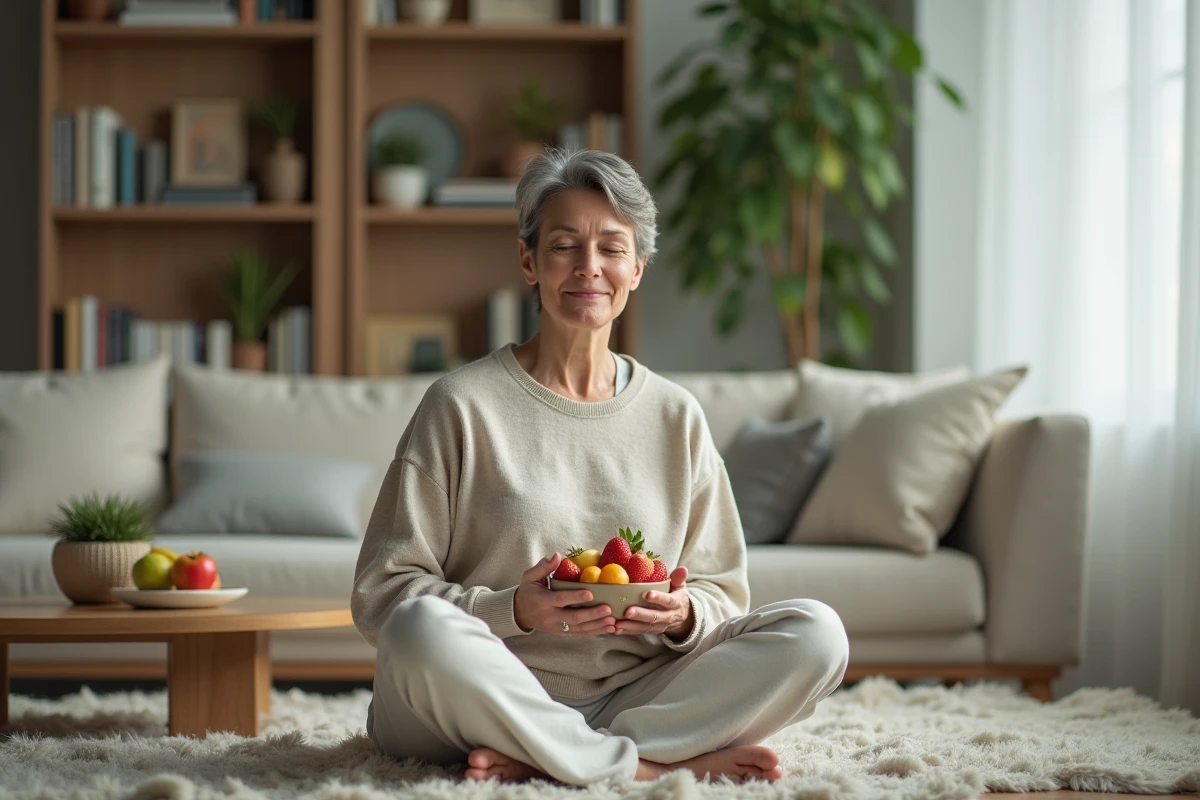Femme pratiquant l'écoute de ses sensations alimentaires chez elle avec un bol de fruits