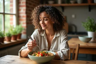 Femme mangeant un repas équilibré de façon intuitive dans une cuisine chaleureuse