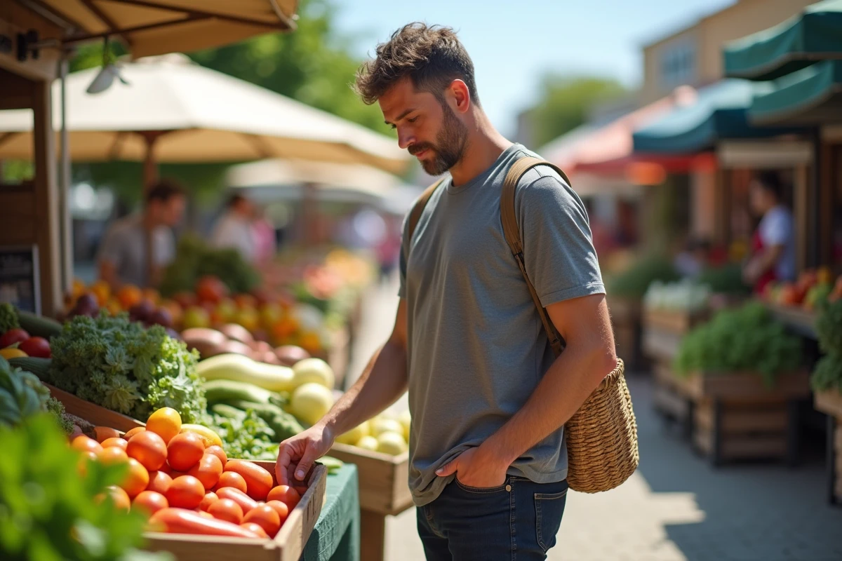 Homme choisissant des légumes frais au marché dans une démarche d'alimentation consciente