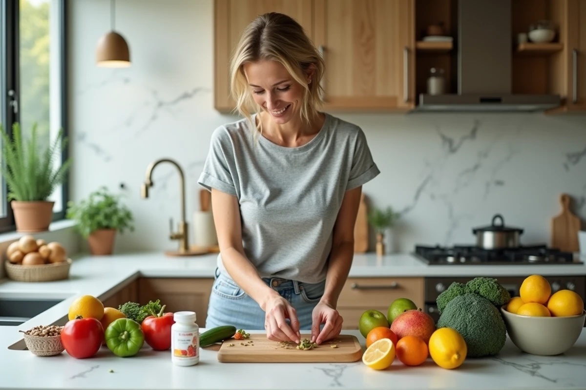 Femme préparant des aliments et compléments naturels pour soutenir l'équilibre émotionnel et l'humeur