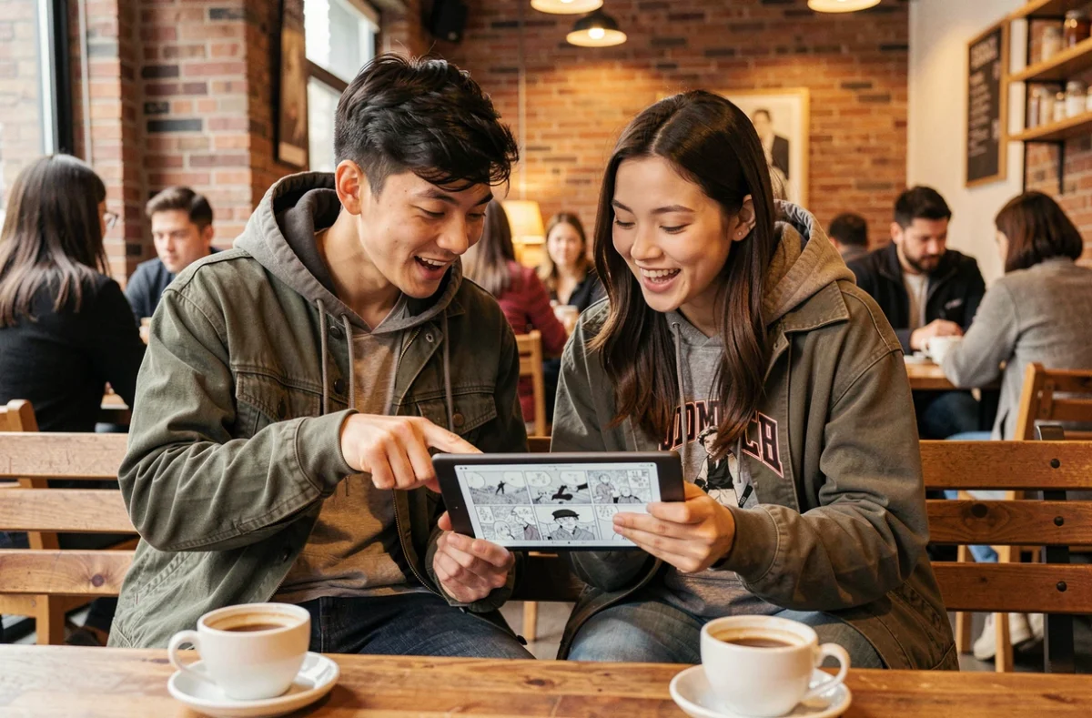 Deux amis partageant la lecture du manga Black Clover sur une tablette dans un café urbain