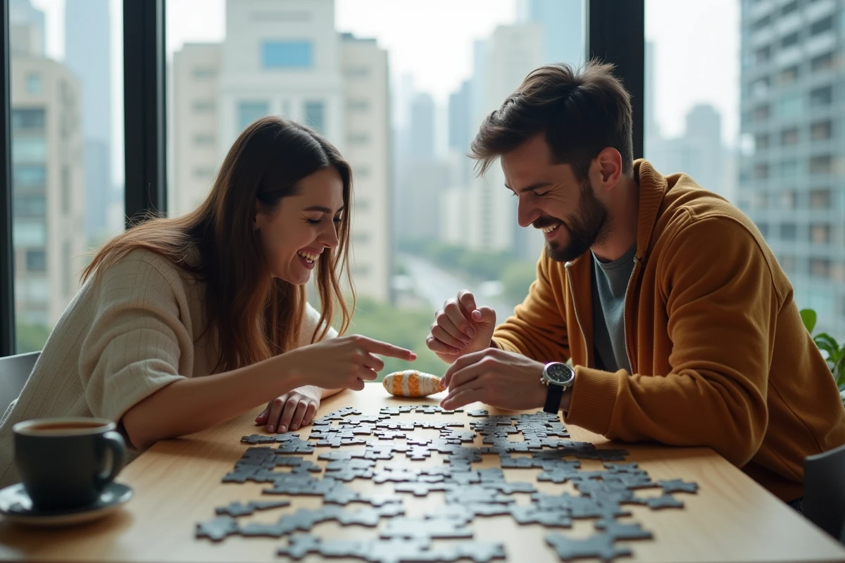 Deux amis adultes souriant en tenant la dernière pièce d'un puzzle presque terminé, illustrant la satisfaction d'atteindre un objectif dans un jeu