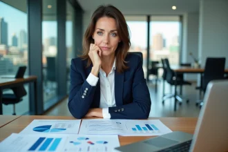Femme cadre analysant des graphiques financiers dans un bureau moderne pour préparer ses investissements 2026