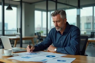 Un homme d'affaires analyse des documents financiers sur les SCPI dans un bureau moderne, illustrant les baisses de valorisation attendues en 2026