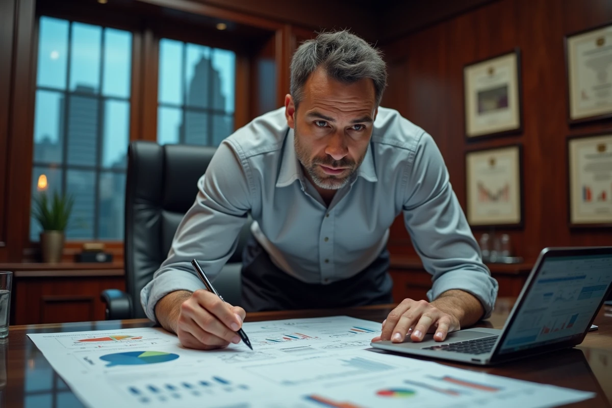 Analyste financier masculin travaillant sur un terminal Bloomberg et des logiciels de tableur dans un bureau exécutif