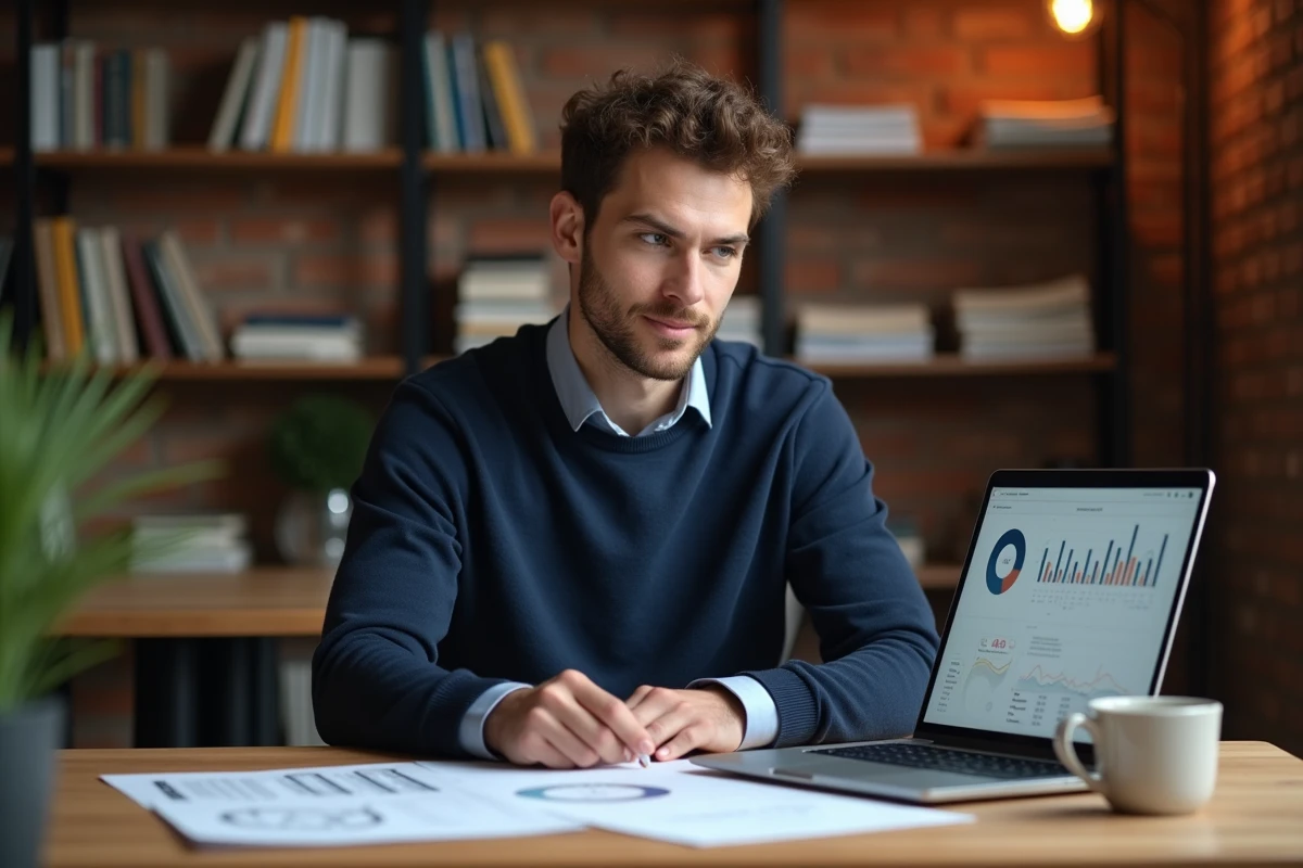 Jeune homme spécialisé en marketing analysant des rapports de données et tableaux de bord sur ordinateur dans un espace de coworking