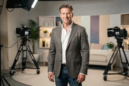 Animateur télé français de grande taille en blazer posant backstage dans un studio de télévision