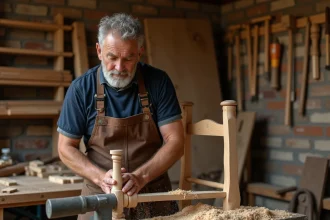 Artisan ébéniste façonnant une pièce de bois dans un atelier traditionnel, illustrant le métier artisanal