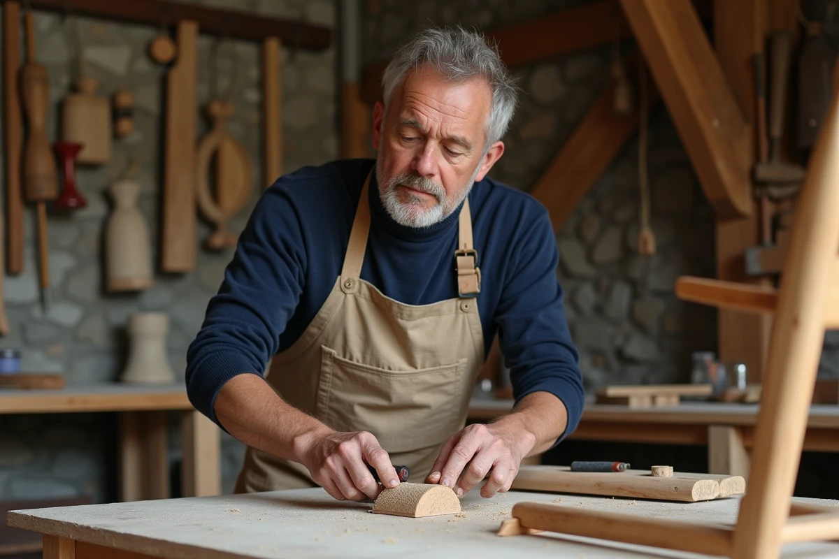 Artisan nordique fabriquant à la main une chaise en teck dans un atelier d'ébénisterie scandinave traditionnel