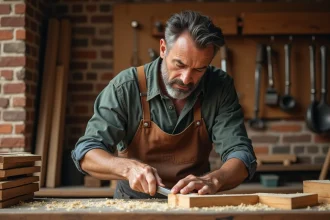 Artisan menuisier sculptant du bois à la main dans son atelier traditionnel