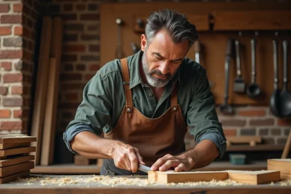 Artisan menuisier sculptant du bois à la main dans son atelier traditionnel
