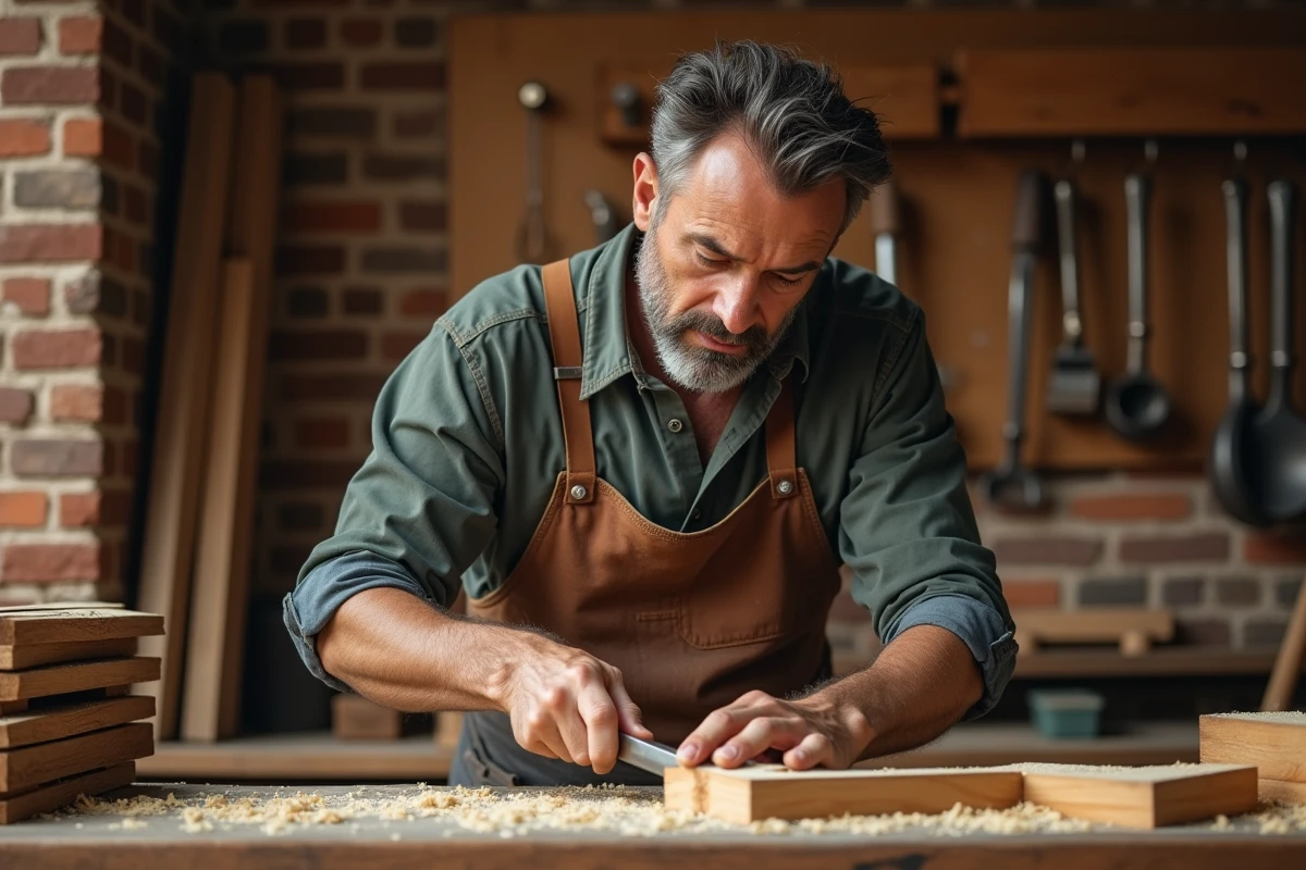 Artisan menuisier sculptant du bois à la main dans son atelier traditionnel