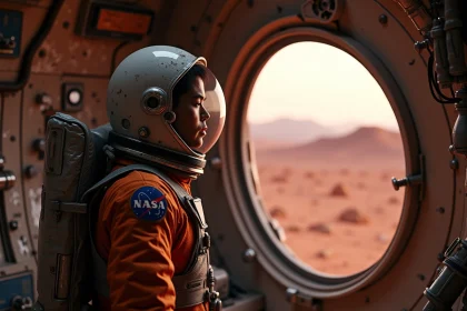 Astronaute en combinaison spatiale regardant par un hublot un paysage martien désertique et inhospitalier