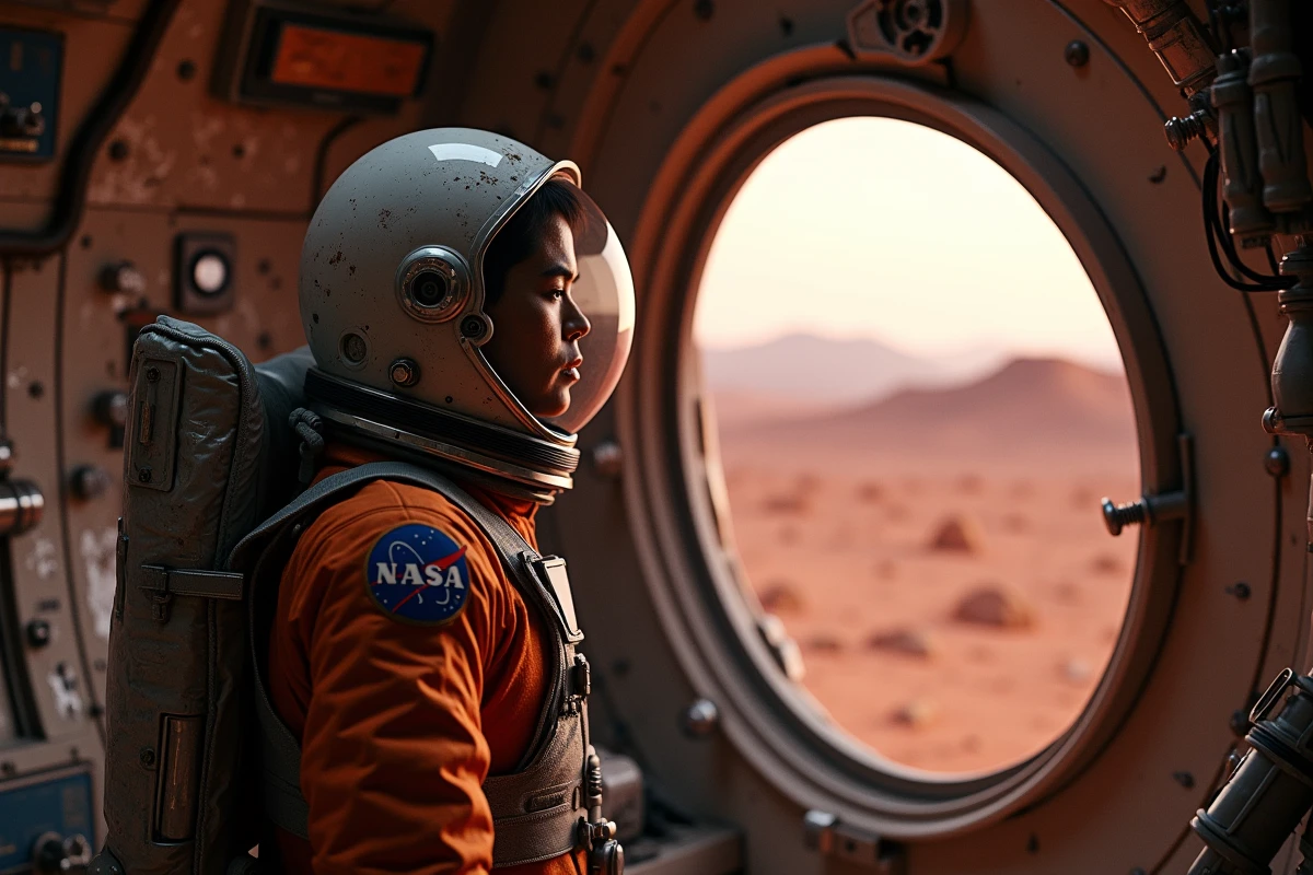 Astronaute en combinaison spatiale regardant par un hublot un paysage martien désertique et inhospitalier