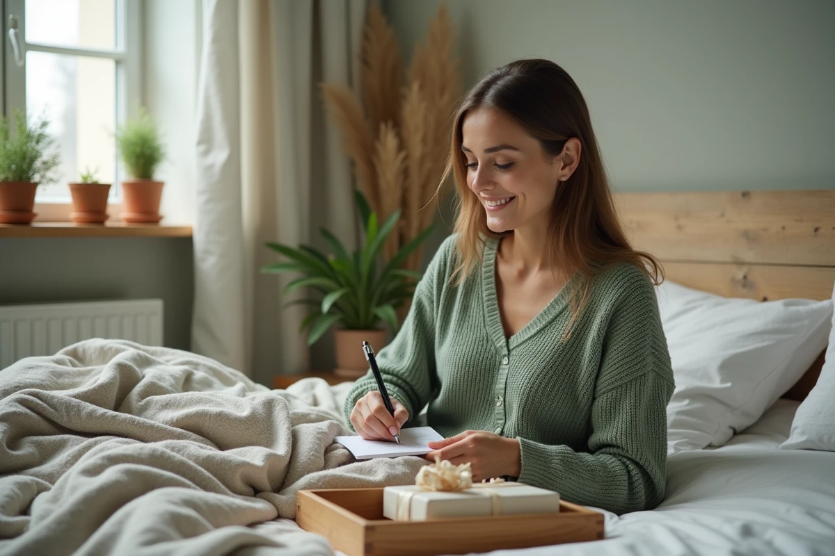 Femme préparant une attention romantique avec des petits cadeaux et un mot manuscrit dans une chambre cosy