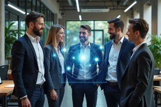 Groupe de professionnels analysant un réseau blockchain décentralisé sur un écran interactif dans un bureau moderne