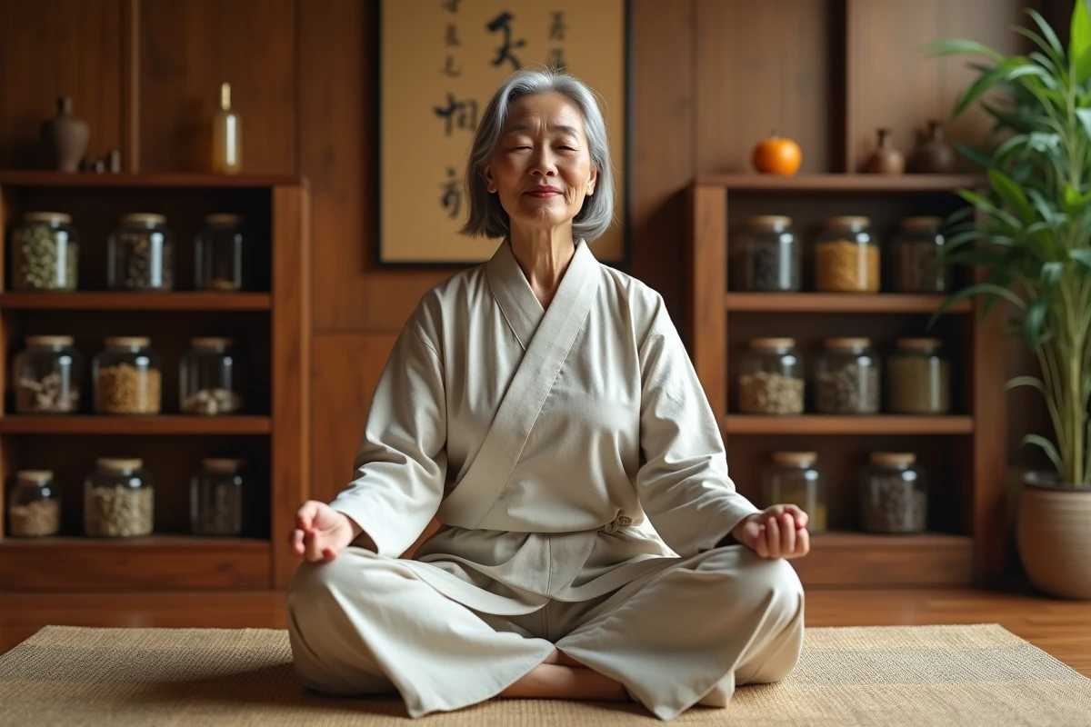 Femme recevant une séance d'acupuncture traditionnelle dans une clinique de médecine orientale avec des herbes médicinales en arrière-plan