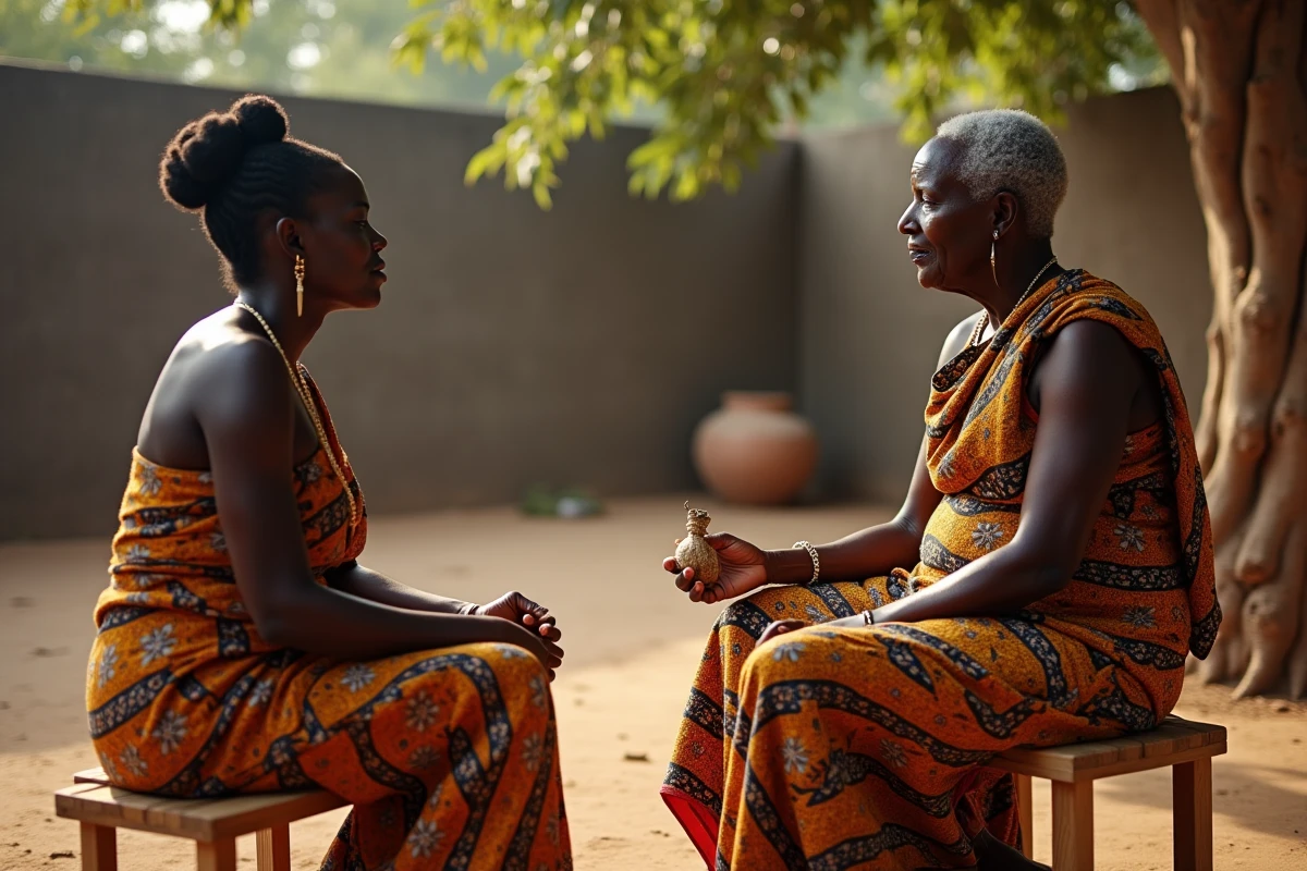 Guérisseuse traditionnelle africaine âgée consultant une patiente dans une cour ombragée avec des plantes médicinales et un baobab en arrière-plan