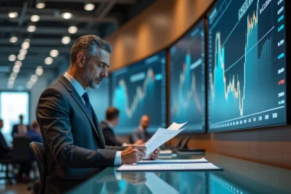 Banquier en costume analysant des documents financiers dans un siège social bancaire moderne avec écrans numériques
