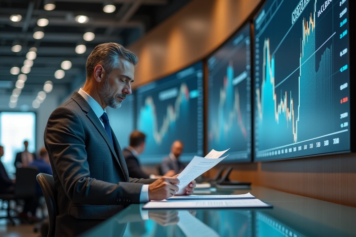 Banquier en costume analysant des documents financiers dans un siège social bancaire moderne avec écrans numériques