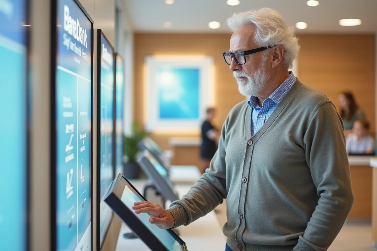 Senior utilisant une borne bancaire numérique en libre-service dans une agence bancaire moderne