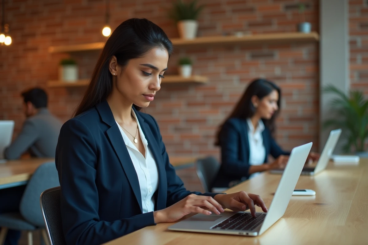 Professionnelle de la fintech travaillant sur tablette et ordinateur dans un espace de coworking moderne