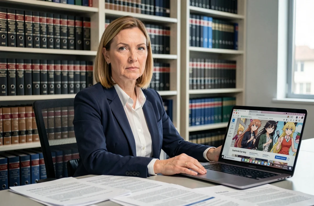 Professionnelle du droit analysant les implications légales des sites de scans de manga comme Lelscan, documents juridiques sur le bureau