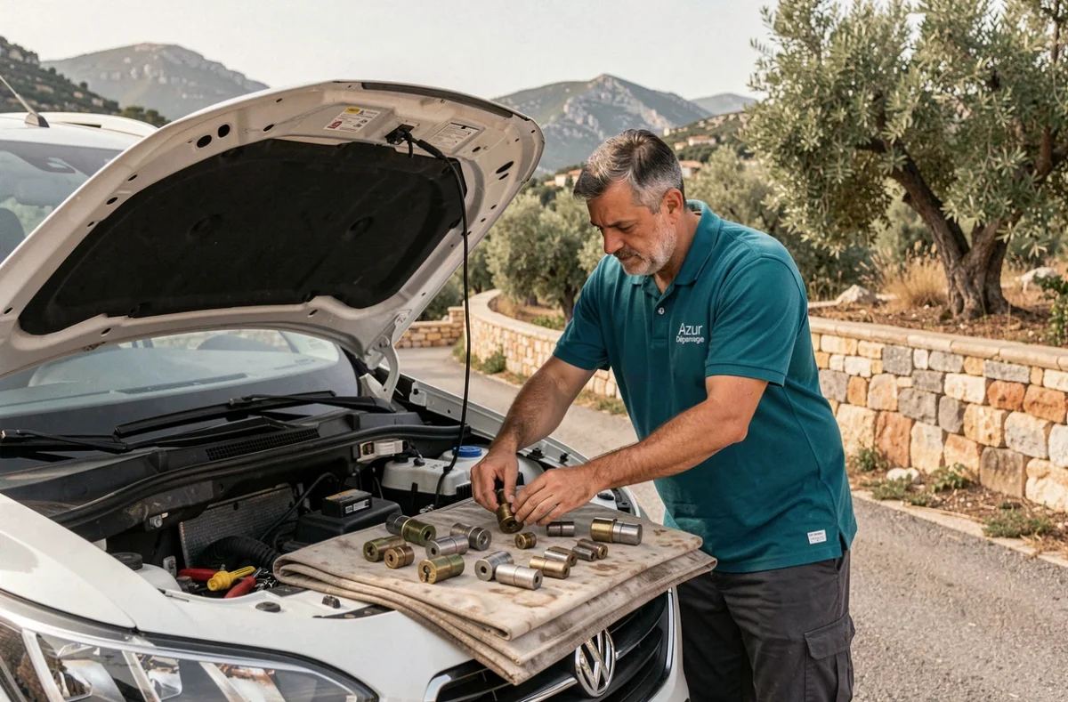 Technicien Azur Dépannage Serrurerie organisant son matériel sur la route dans les Alpes-Maritimes