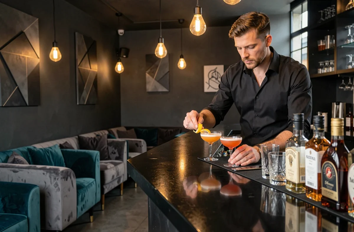 Bartender au comptoir élégant du bar lounge Le 4.44 à Nantes, préparant un cocktail dans un intérieur sombre et sophistiqué avec sièges en velours