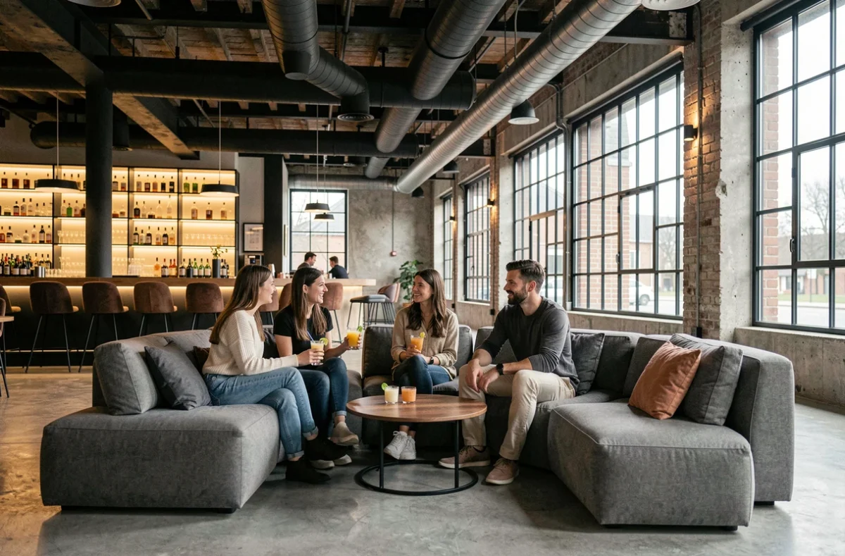 Groupe de jeunes clients détendus dans l'espace lounge industriel du Loft à Nantes, avec cocktails et décoration moderne aux hauts plafonds