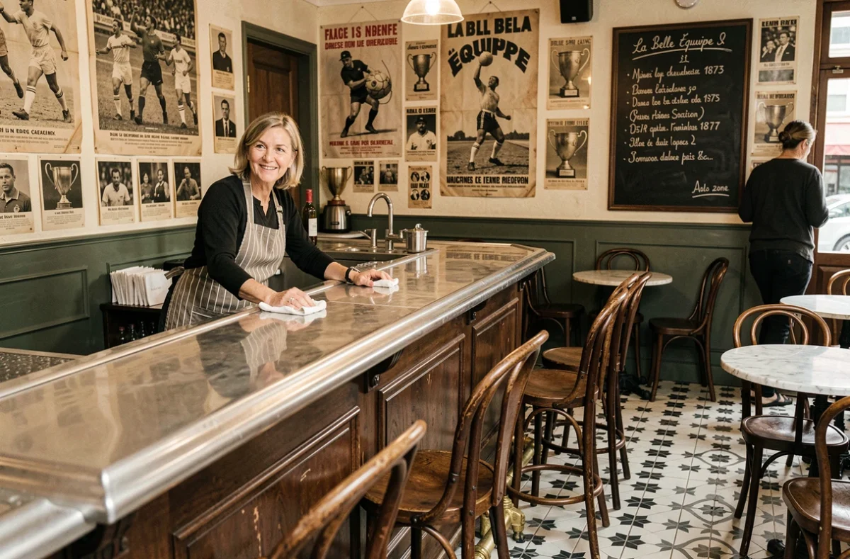 Patronne souriante derrière le comptoir en zinc de La Belle Équipe 1877, bistrot-bar nantais à l'ambiance vintage avec carrelage et affiches rétro