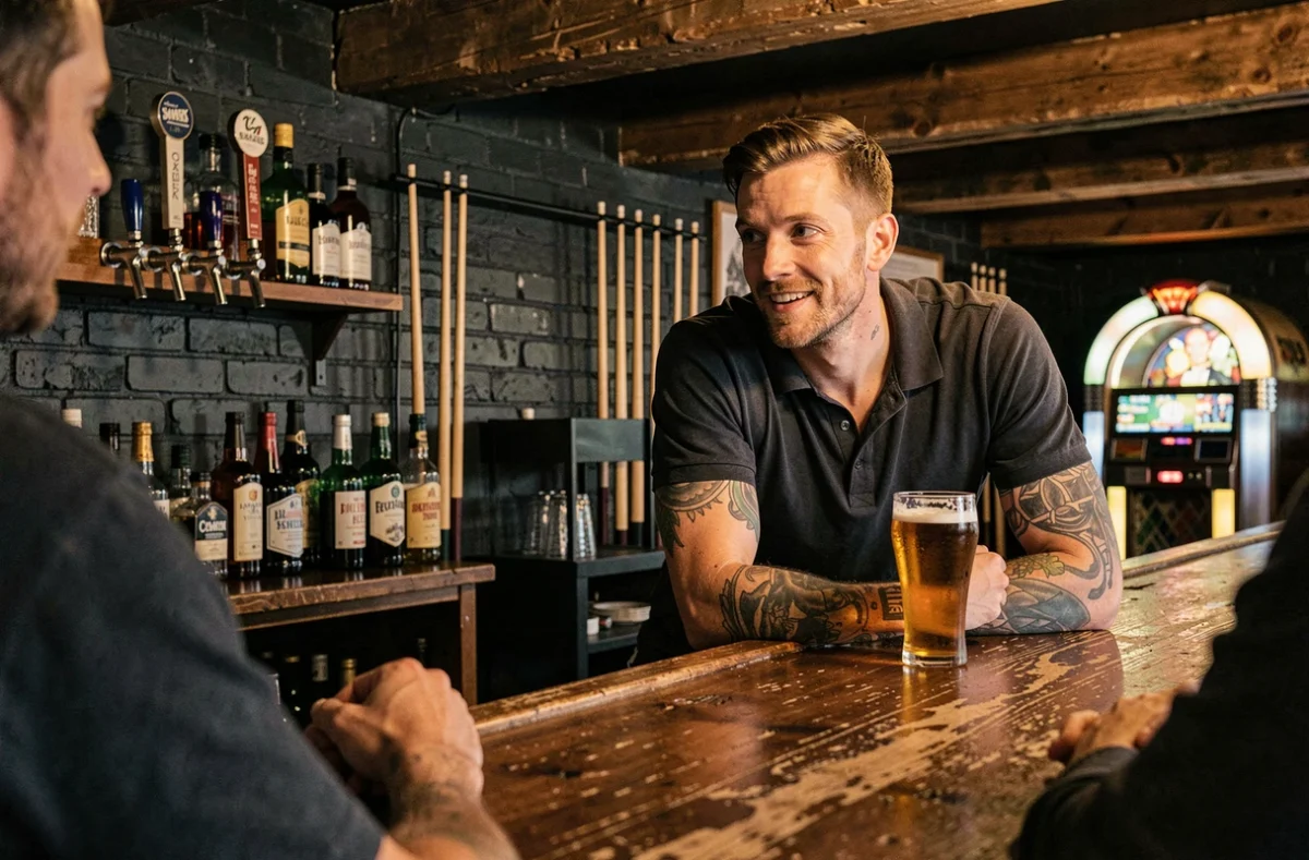 Client tatoué avec une pinte d'ale au comptoir sombre du Black Shelter à Carquefou, pub à l'atmosphère underground avec briques apparentes et billard