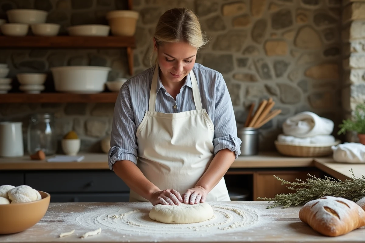 Boulangère artisane pétrissant de la pâte à pain dans une boulangerie traditionnelle en pierre