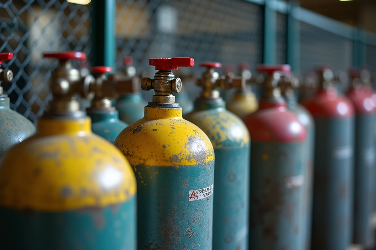 Rangée de bouteilles de gaz comprimé argon et CO2 pour soudage à l'arc en atelier de fabrication métallique