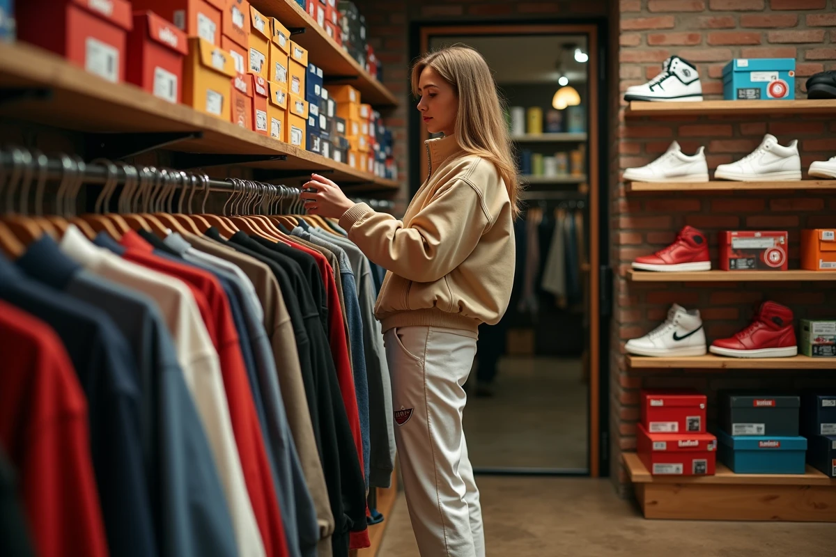 Femme en streetwear contemporain explorant des vêtements vintage dans une boutique streetwear indépendante avec murs en briques et présentoirs de sneakers