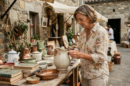 Femme examinant une cruche en céramique ancienne sur un stand de brocante dans un village du Cantal