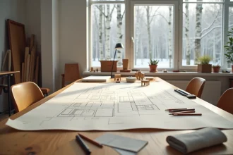 Bureau d'architecte scandinave avec plans de design et prototypes en bois dans un intérieur nordique épuré