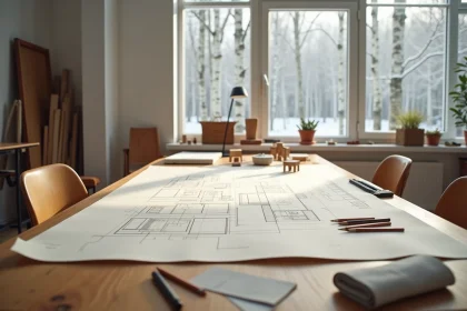 Bureau d'architecte scandinave avec plans de design et prototypes en bois dans un intérieur nordique épuré