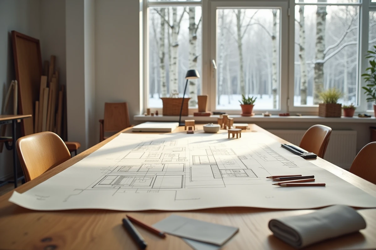 Bureau d'architecte scandinave avec plans de design et prototypes en bois dans un intérieur nordique épuré