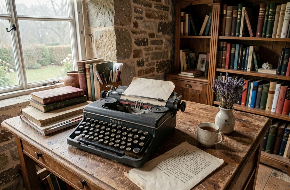 Bureau d'écrivain français avec machine à écrire vintage et manuscrit de roman policier cozy dans une maison de campagne en pierre