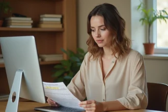 Femme vérifiant un calcul de jours depuis la naissance sur un ordinateur portable avec un calendrier imprimé