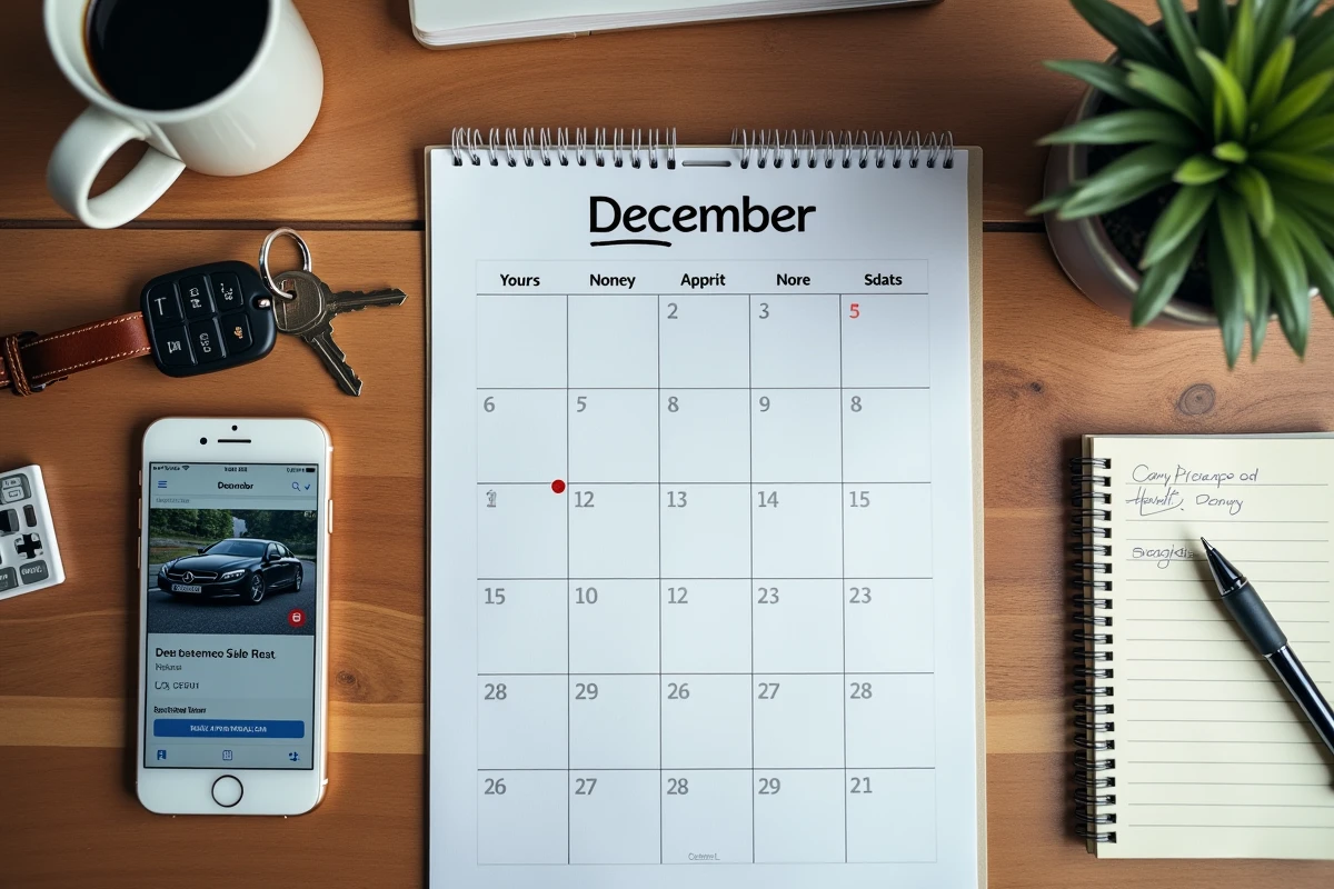 Vue de dessus d'un bureau avec calendrier, clés de voiture et liste de vérification pour l'achat d'un véhicule d'occasion